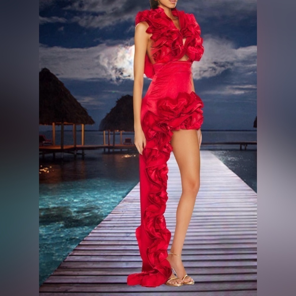 Ruby Red Luxury One Piece Swimsuit Set & Skirt Evening Gown Set - Picture 6 of 12